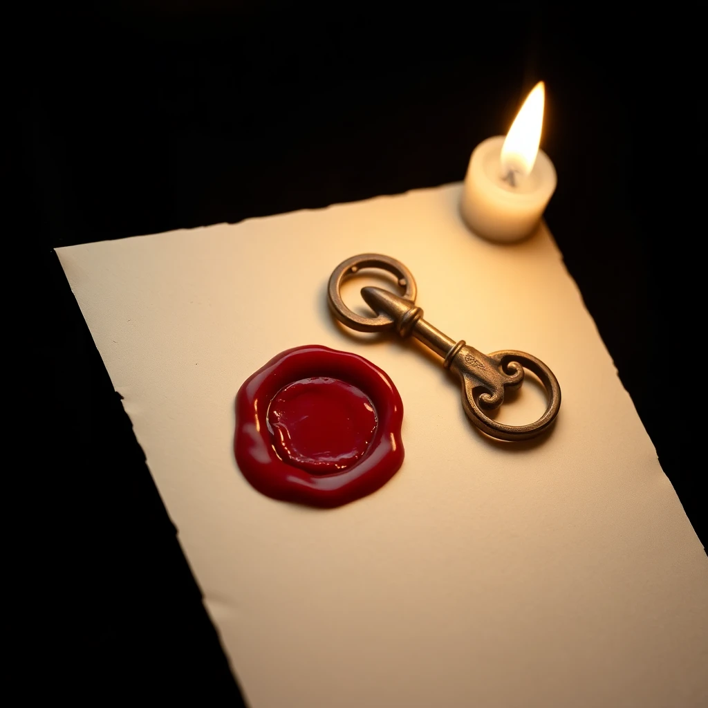 A single antique brass key resting on oxblood-red sealing wax — identity sealed, not broadcast.