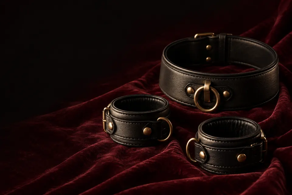 Black leather cuffs and a collar arranged like jewelry on oxblood velvet.