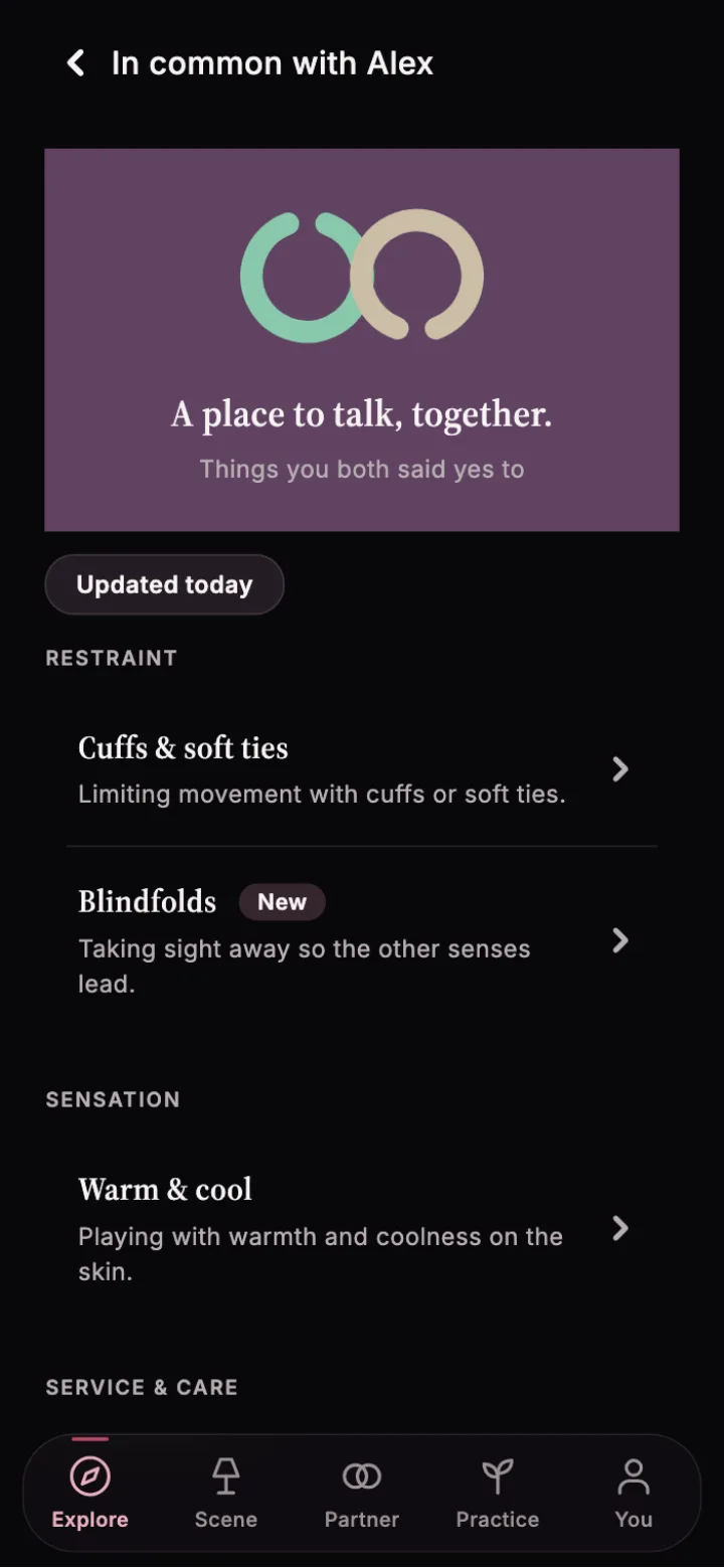 Cuffplay In Common view with shared choices.