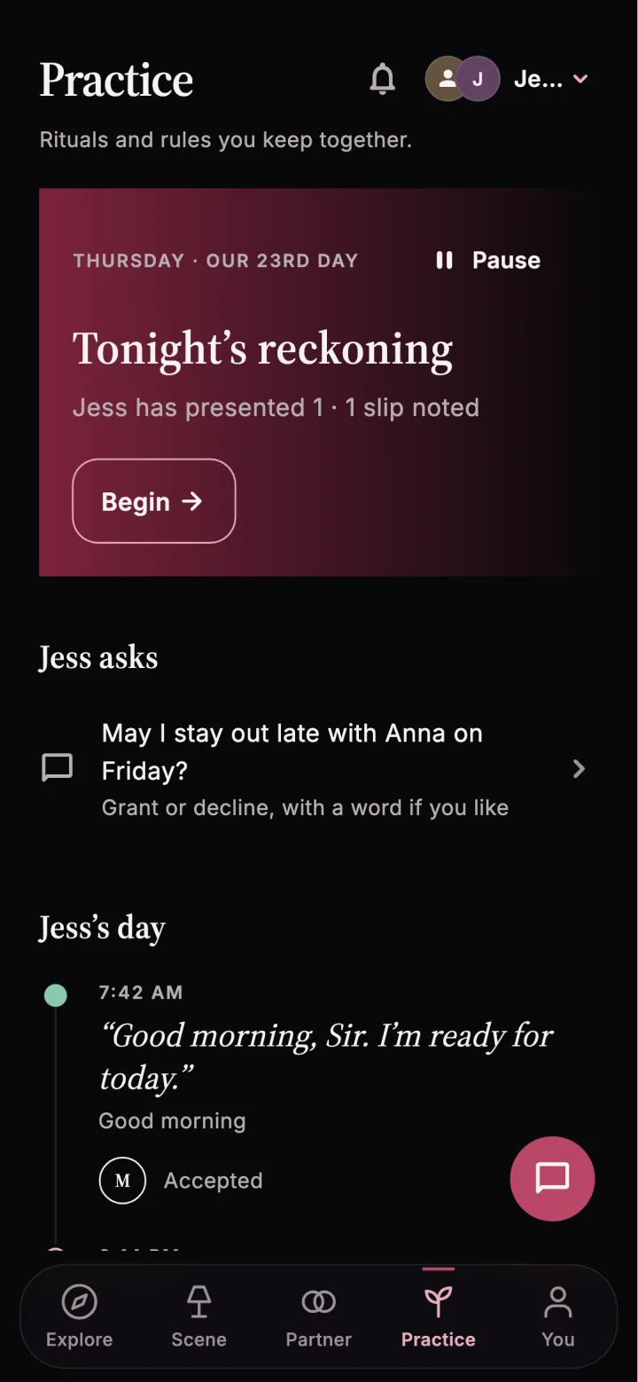 Cuffplay Practice tab showing Tonight’s reckoning, a partner request, and a ritual timeline.