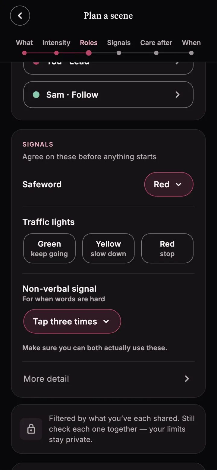 Cuffplay Scene Planner showing a safeword, traffic-light signals and non-verbal choices.