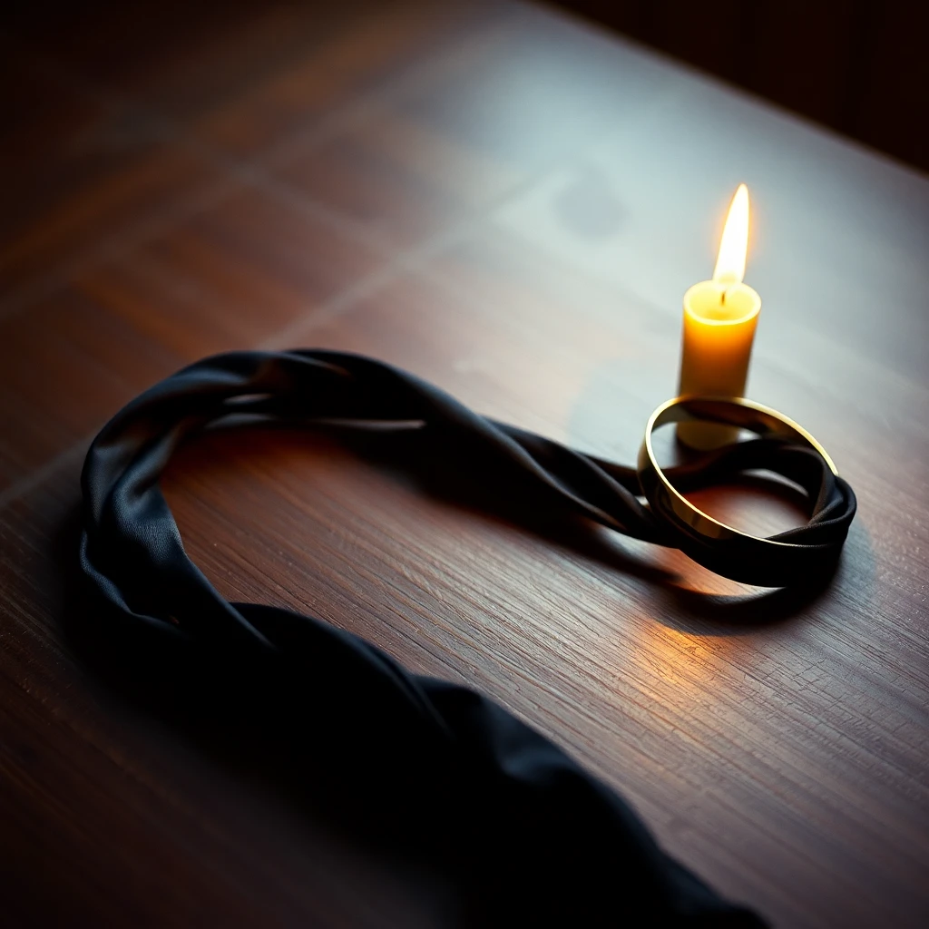 Editorial still-life — silk and brass on walnut, candlelit. The three objects of the BDSM acronym, suggested rather than spelled.